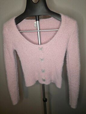 No Boundaries Pink Fuzzy Cardigan Butterfly Rhinestone Soft Girl Y2K Size Small
